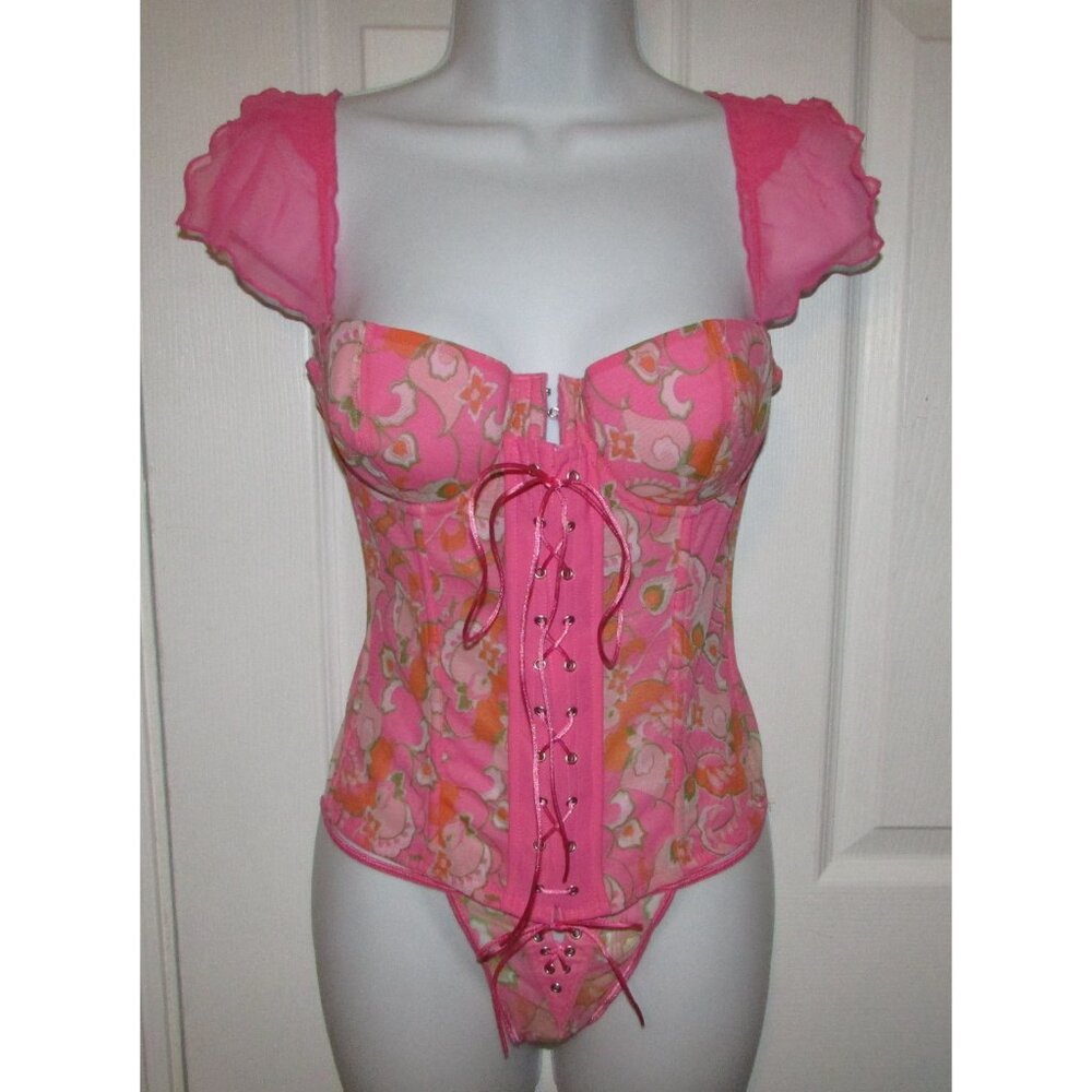 Pink Floral Zip and Lace Up Front Corset Set - NEW